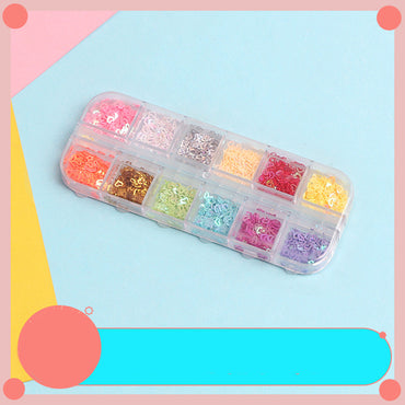 Strass paillettes boite de 12 couleurs, étoile coeur ou perles pour inclusion résine ou slime