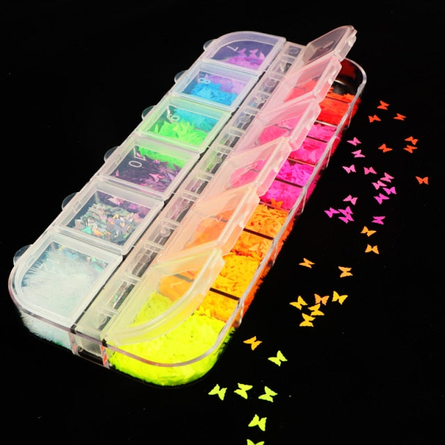 Boite paillettes holographiques sequins strass papillons fluos pour résine epoxy fimo fondants...